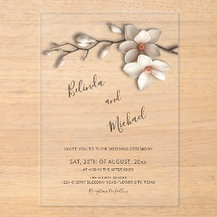 Invitations En Acrylique Mariage Fleur de Magnolia en Relief Faux Blanc Cas