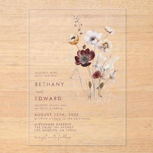 Invitations En Acrylique Mariage Fleur sauvage de l'automne Whimsical (Recto)
