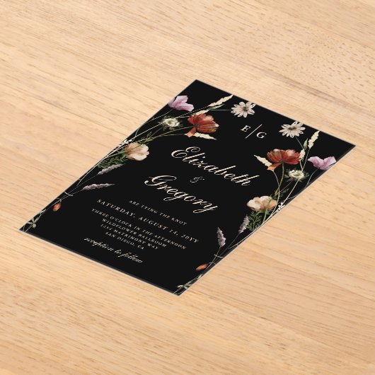 Invitations En Acrylique Mariage Fleur sauvage de monogramme noir (Poser)