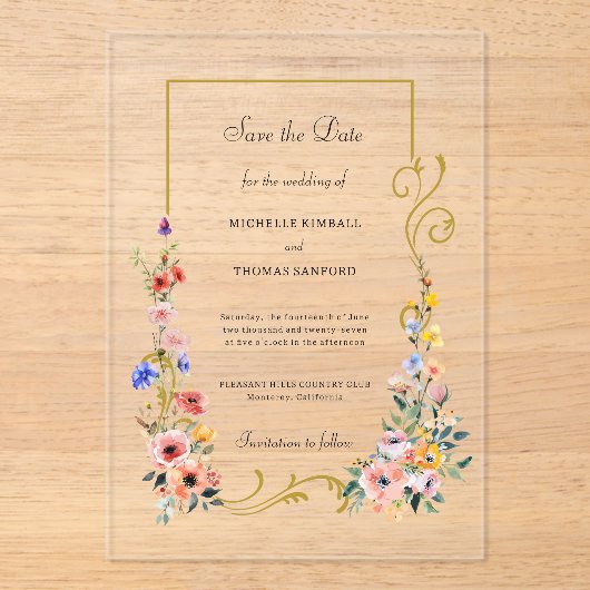 Invitations En Acrylique Mariage fleur sauvage Enregistrer la date (Recto)