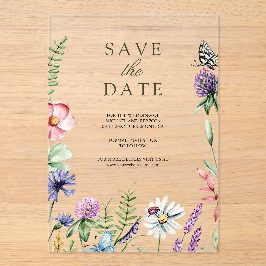 Invitations En Acrylique Mariage fleur sauvage Enregistrer la date (Recto)