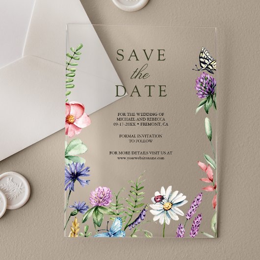 Invitations En Acrylique Mariage fleur sauvage Enregistrer la date