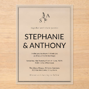 Invitations En Acrylique Mariage Fleur sauvage minimaliste BW Monogram