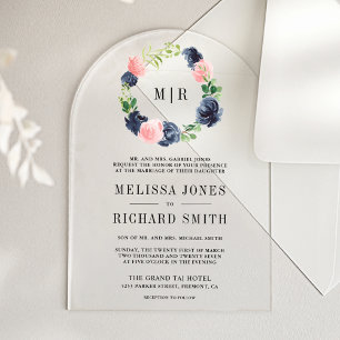 Invitations En Acrylique Mariage Fleurie Bleu Nuit et Rose Pâle