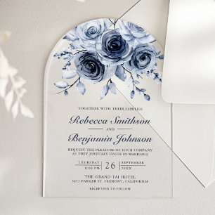 Invitations En Acrylique Mariage Fleurie Bleu Poussiéreux
