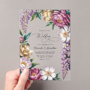 Invitations En Acrylique Mariage Fleurie de Brume Mauve, Or Champagne & Bla