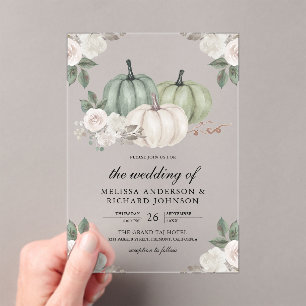 Invitations En Acrylique Mariage Fleurie de Pompes Vert Sauge et Blanc