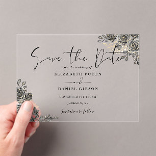 Invitations En Acrylique Mariage Fleuris Gothique Noir Et Or Save The Date