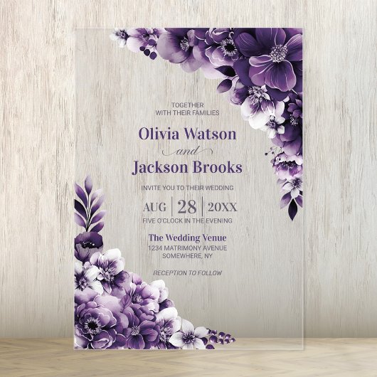 Invitations En Acrylique Mariage Fleuris Violet