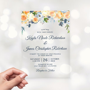 Invitations En Acrylique Mariage Fleuriste Aquarelle Bleu Nuit Corail