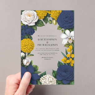 Invitations En Acrylique Mariage Fleurs Bleu Marine, Jaune Moutarde & Blanc