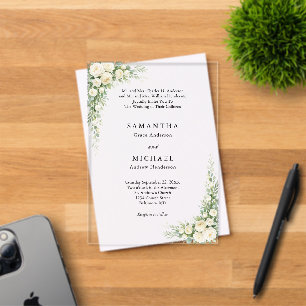 Invitations En Acrylique Mariage Fleurs Crème Blanche Noms des Deux Parents