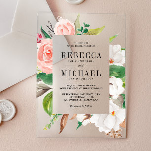 Invitations En Acrylique Mariage Fleurs de Magnolia Blanc Rose