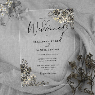 Invitations En Acrylique Mariage Fleurs de Roses Gothiques Noir et Or