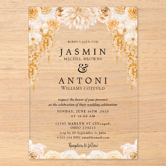 Invitations En Acrylique Mariage Fleurs Feuillage d'Automne (Recto)
