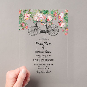Invitations En Acrylique Mariage Fleurs & Oiseaux Vélo Rétro Romantique