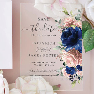 Invitations En Acrylique Mariage Fleurs Rose Pâle et Bleu Marine, Enregistr