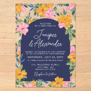 Invitations En Acrylique Mariage Fleurs Roses Jaunes Luxuriantes Bleu Foncé