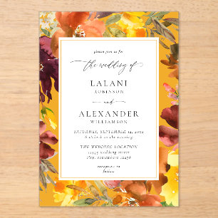 Invitations En Acrylique Mariage floral à automne orange et jaune -3 or