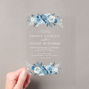 Invitations En Acrylique Mariage floral à l'aquarelle bleue élégant