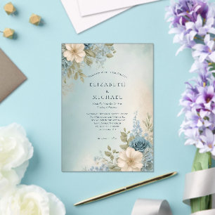 Invitations En Acrylique Mariage Floral Aquarelle Bleu Poussiéreux Blanc