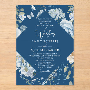 Invitations En Acrylique Mariage Floral Aquarelle Bleu Poussiéreux Romantiq