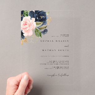 Invitations En Acrylique Mariage Floral Aquarelle Navy et Doré avec une tou