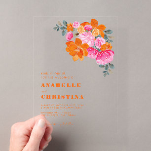 Invitations En Acrylique Mariage Floral Aquarelle Transparent Orange Rose