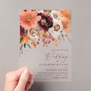 Invitations En Acrylique Mariage Floral Automnal Orange Bourgogne