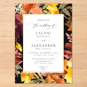 Invitations En Acrylique Mariage floral automnal orange et jaune -3 noir