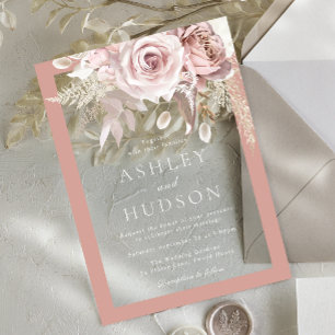 Invitations En Acrylique Mariage floral avec bordure rose poudrée et blush 