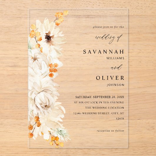 Invitations En Acrylique Mariage floral beige et orange (Recto)