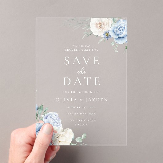 Invitations En Acrylique Mariage Floral Blanc & Bleu Enregistrer La Date (In situ (ordinateur de poche))