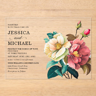 Invitations En Acrylique Mariage floral blanc rouge