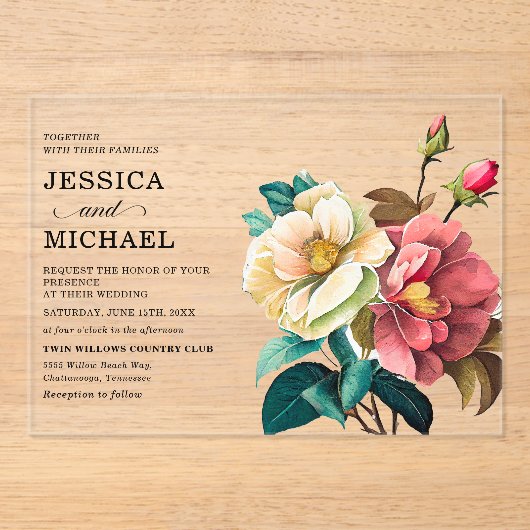 Invitations En Acrylique Mariage floral blanc rouge (Recto)