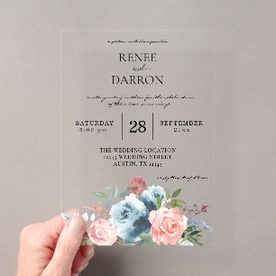 Invitations En Acrylique Mariage floral bleu bébé et rose blush
