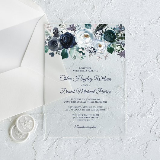 Invitations En Acrylique Mariage floral bleu de la marine russe