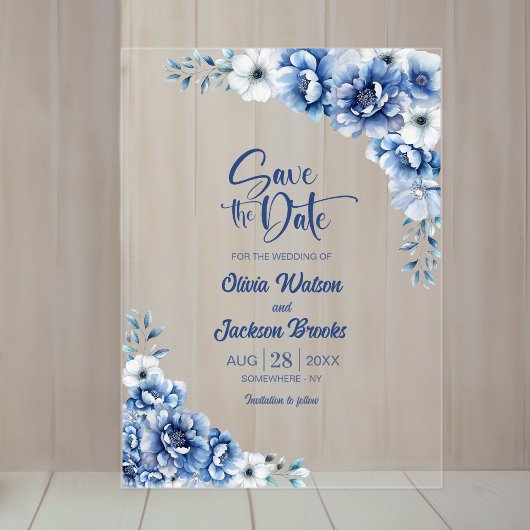 Invitations En Acrylique Mariage floral bleu élégant Enregistrer la date