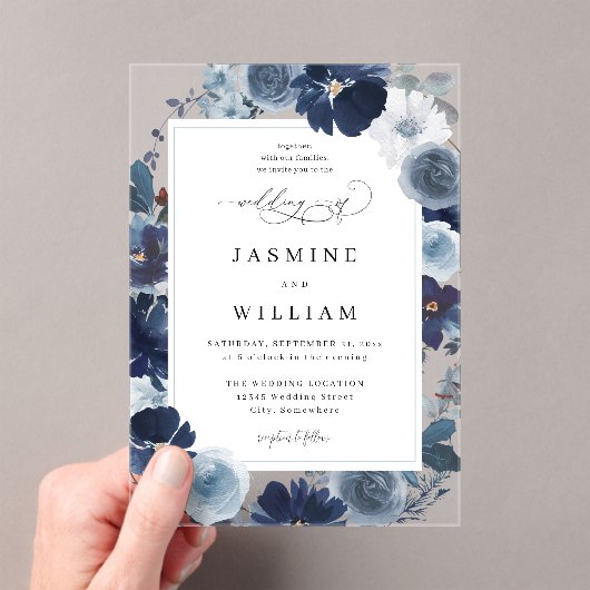 Invitations En Acrylique Mariage floral bleu et marine (In situ (ordinateur de poche))