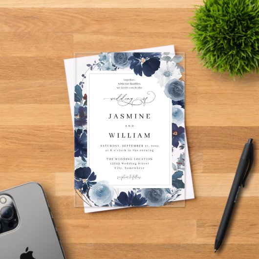 Invitations En Acrylique Mariage floral bleu et marine (Insitu (Carte d'invitation))