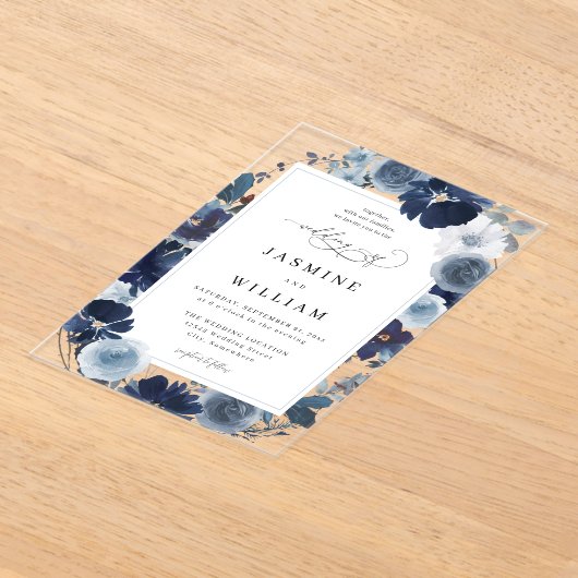 Invitations En Acrylique Mariage floral bleu et marine (Poser)