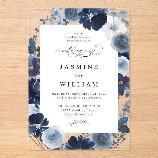 Invitations En Acrylique Mariage floral bleu et marine (Recto)