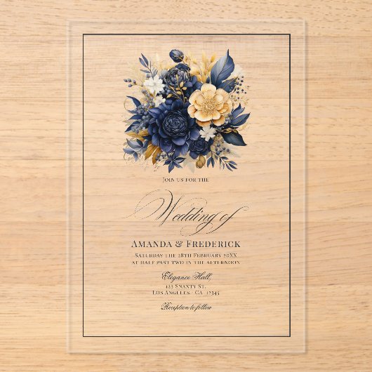 Invitations En Acrylique Mariage floral bleu et or transparent de la marine (Recto)