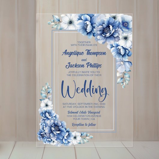 Invitations En Acrylique Mariage Floral bleu moderne