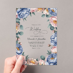 Invitations En Acrylique Mariage Floral Bleu Poussiéreux, Rose et Taupe Cha