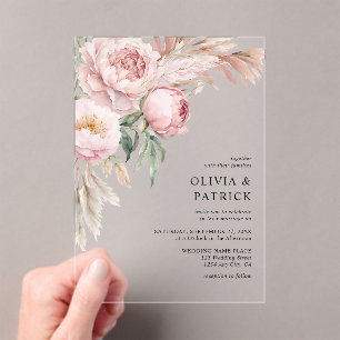 Invitations En Acrylique Mariage Floral Bohème aux Pivoines Roses et à l'He