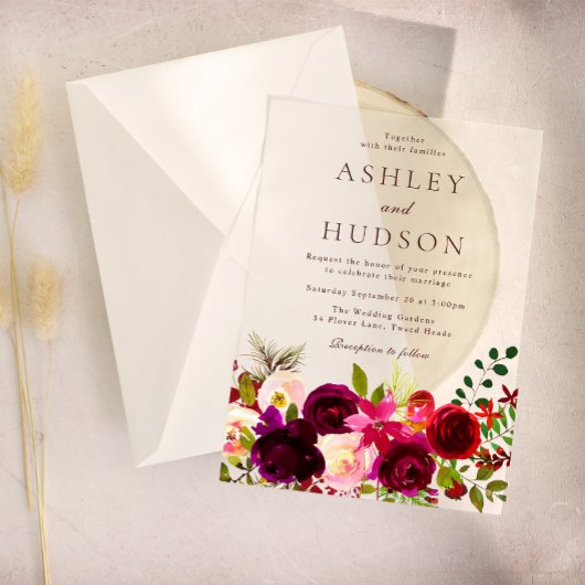 Invitations En Acrylique Mariage Floral Boho de vin rouge de Bourgogne