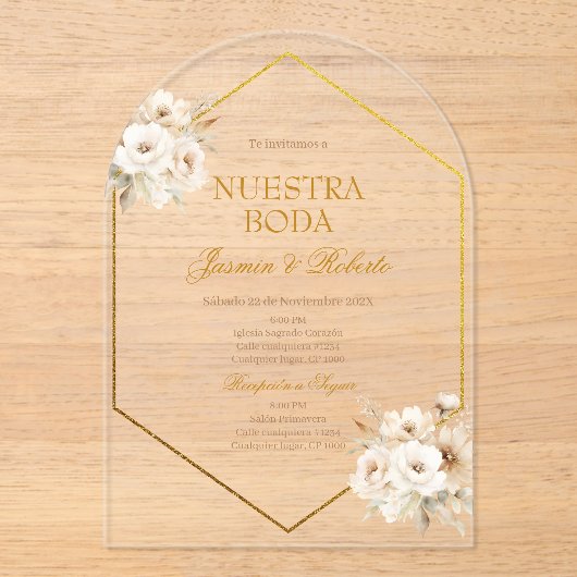 Invitations En Acrylique Mariage Floral Boho espagnol (Recto)
