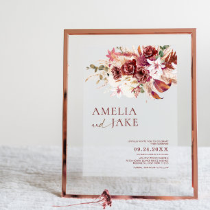 Invitations En Acrylique Mariage Floral Bois de Rose Poussiéreux & Burgundy