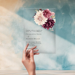 Invitations En Acrylique Mariage floral bordeaux crème beige transparent